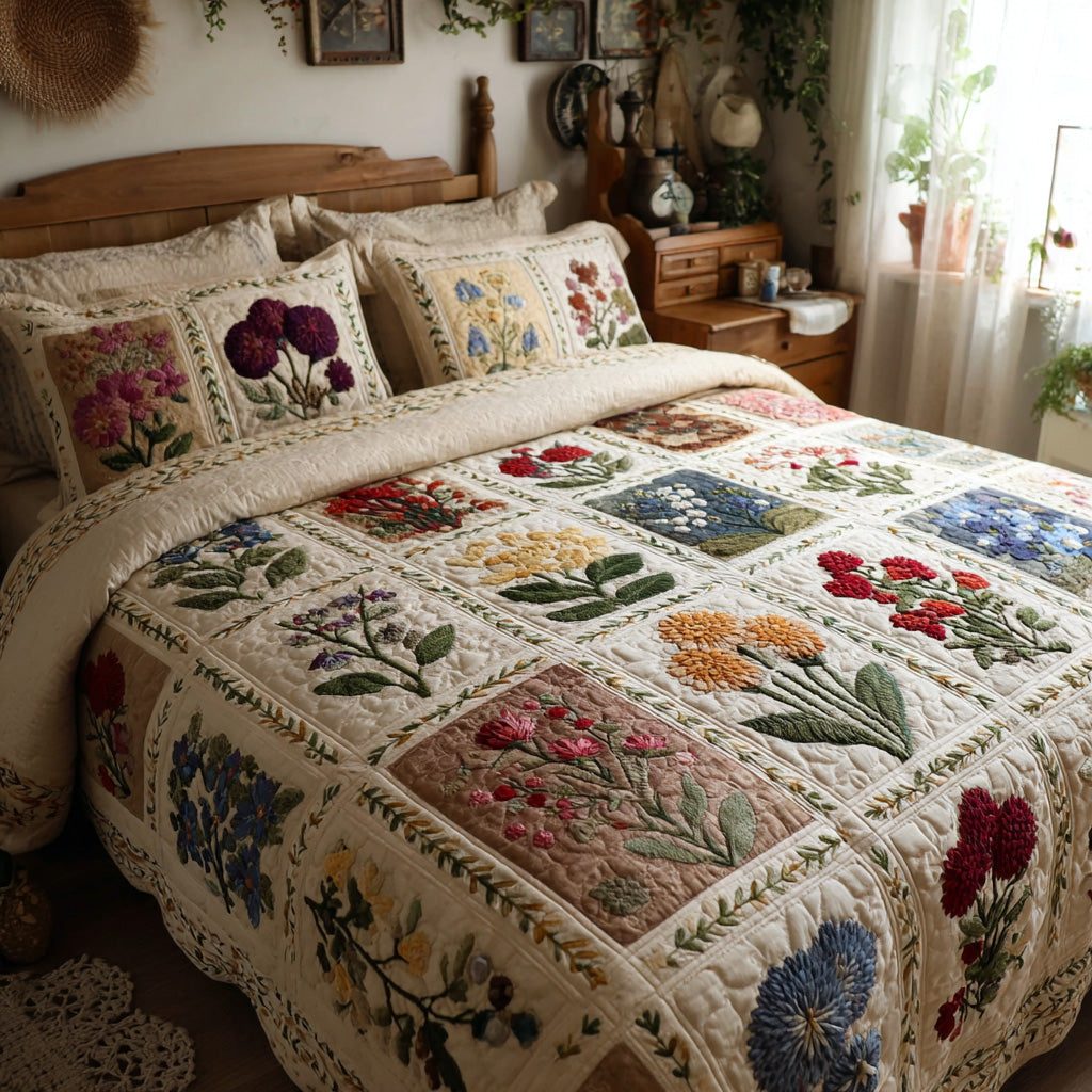 Garden Tapestry quilted 3-piece bedding set on a made bed with two matching pillow shams