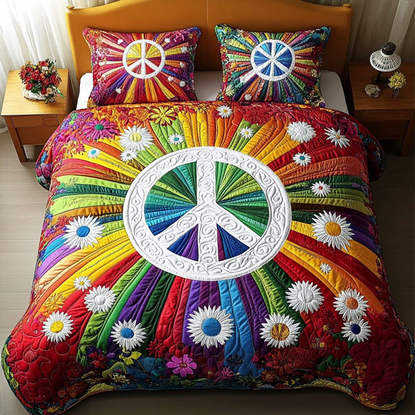 Garden Tranquility quilted 3-piece bedding set on a made bed with two matching pillow shams