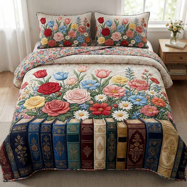 Garden Volumes quilted 3-piece bedding set on a made bed with two matching pillow shams
