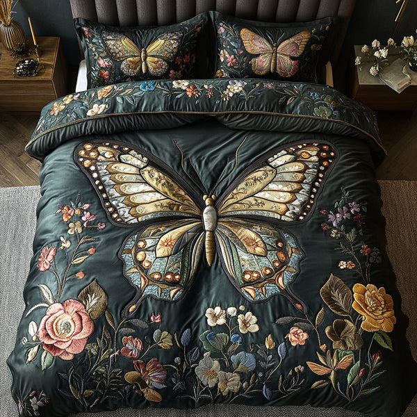 Garden Whisper quilted 3-piece bedding set on a made bed with two matching pillow shams