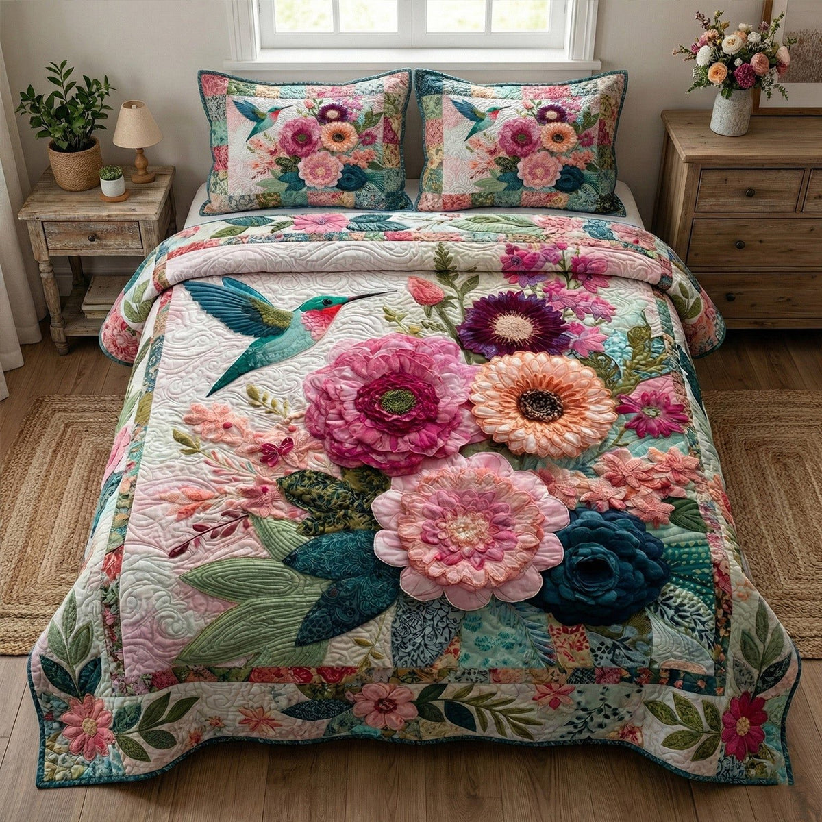 Garden Whisper quilted 3-piece bedding set on a made bed with two matching pillow shams