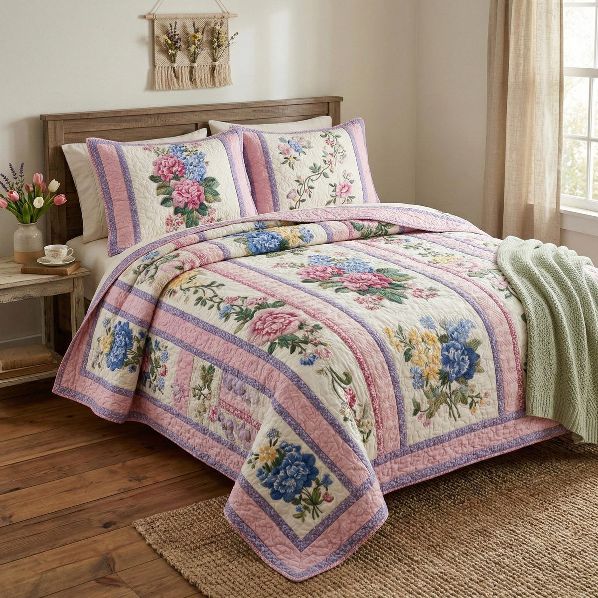 Garden Whispers quilted 3-piece bedding set on a made bed with two matching pillow shams