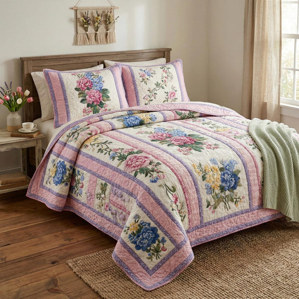 Garden Whispers quilted 3-piece bedding set on a made bed with two matching pillow shams
