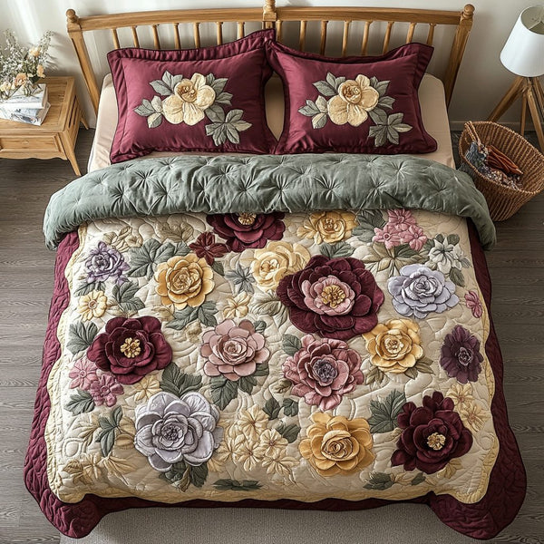 Garden Whispers quilted 3-piece bedding set on a made bed with two matching pillow shams