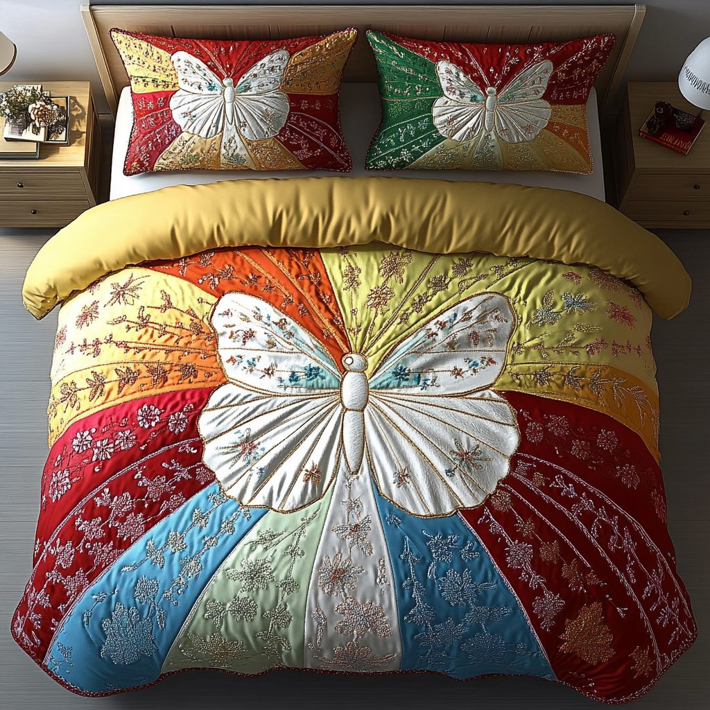 Garden Wings quilted 3-piece bedding set on a made bed with two matching pillow shams
