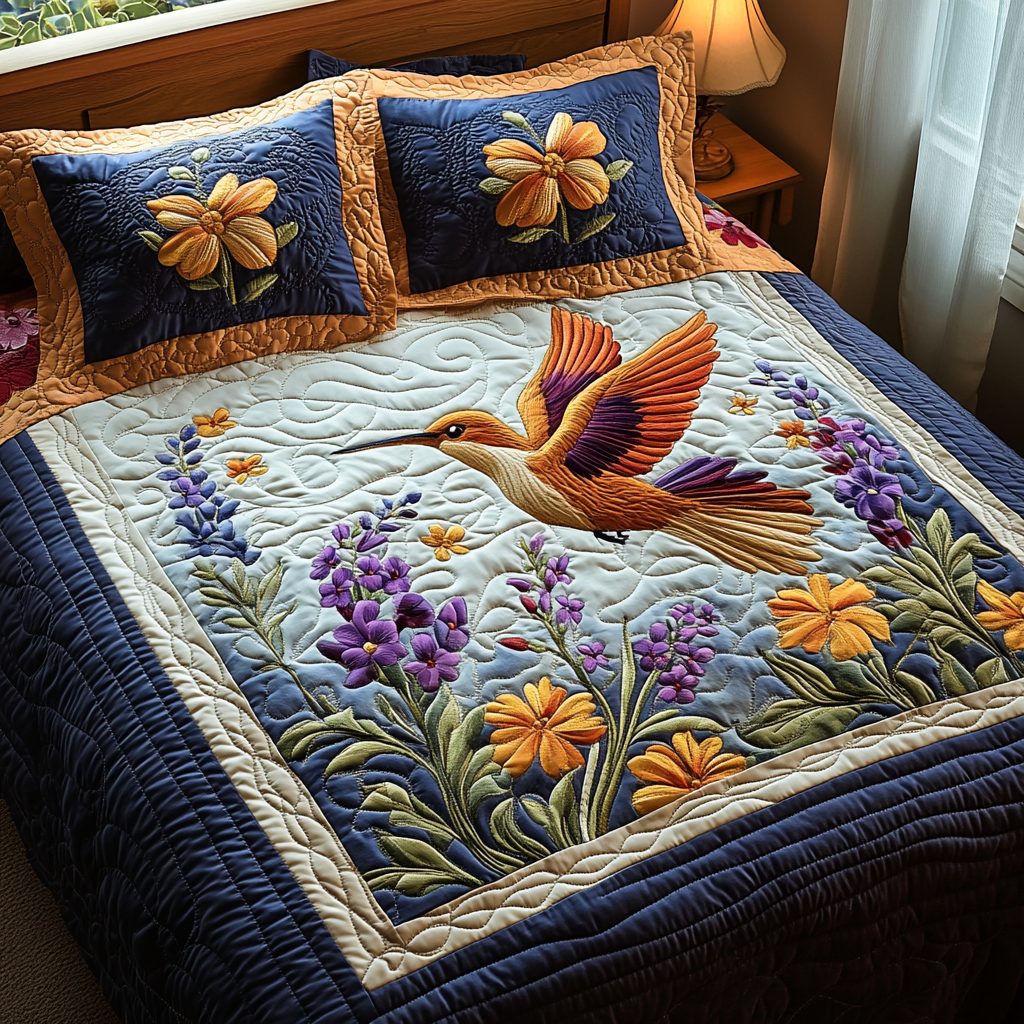 Garden Wings quilted 3-piece bedding set on a made bed with two matching pillow shams