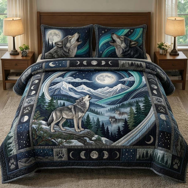 Garden Wolves quilted 3-piece bedding set on a made bed with two matching pillow shams