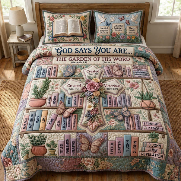 Garden Word quilted 3-piece bedding set on a made bed with two matching pillow shams