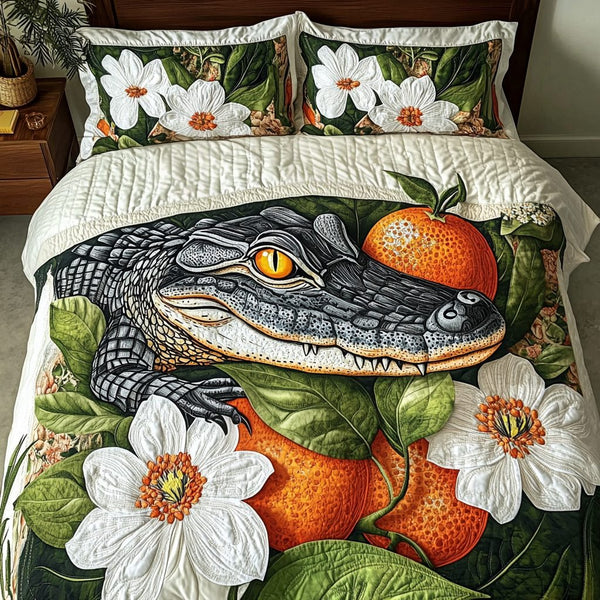 Gator Glow quilted 3-piece bedding set on a made bed with two matching pillow shams