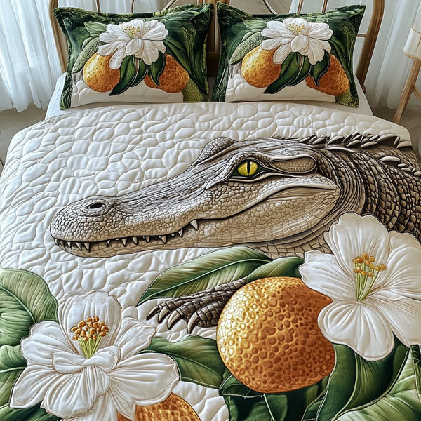 Gator Paradise quilted 3-piece bedding set on a made bed with two matching pillow shams