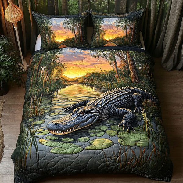 Gator Territory quilted 3-piece bedding set on a made bed with two matching pillow shams