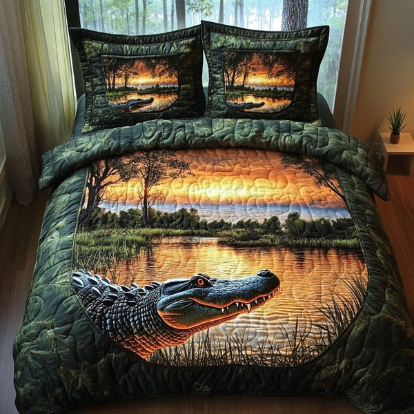 Gator Watch quilted 3-piece bedding set on a made bed with two matching pillow shams