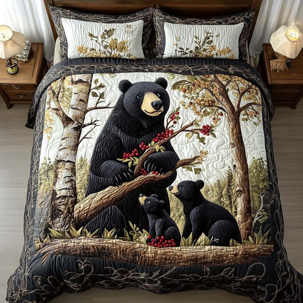 Gentle Bear quilted 3-piece bedding set on a made bed with two matching pillow shams