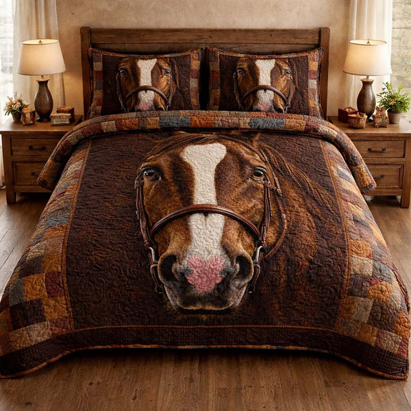 Gentle Brown Horse quilted 3-piece bedding set on a made bed in a rustic timber bedroom