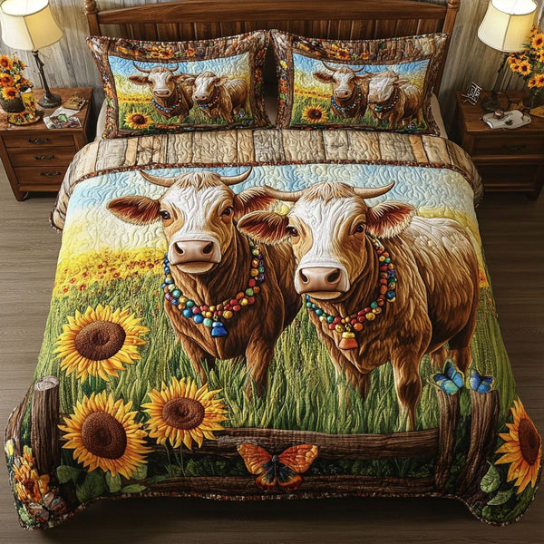 Gentle Cows quilted 3-piece bedding set on a made bed with two matching pillow shams