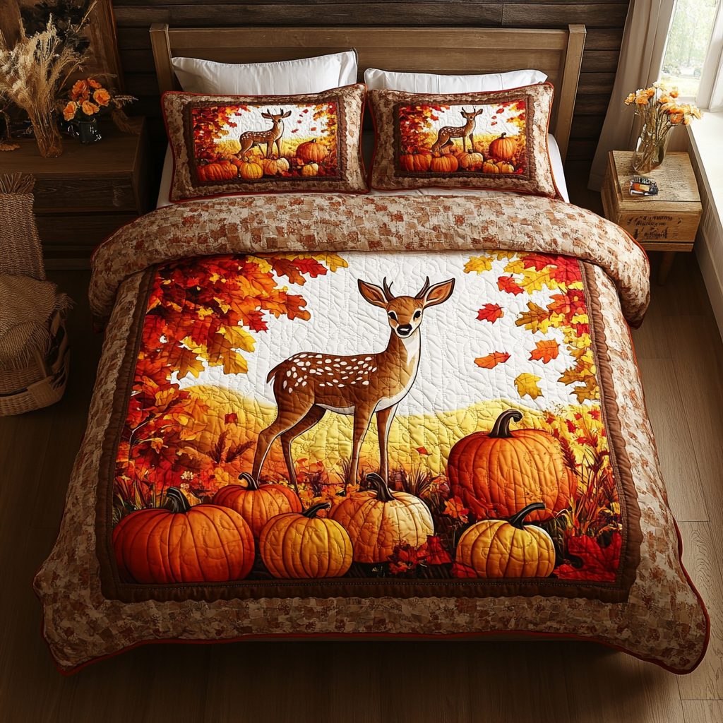 Gentle Deer quilted 3-piece bedding set on a made bed with two matching pillow shams