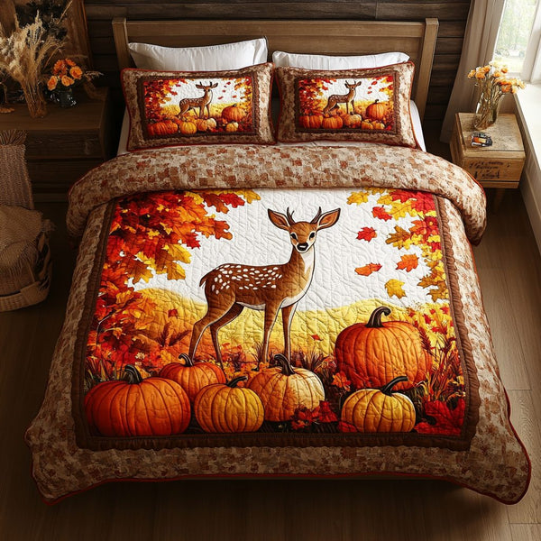 Gentle Deer quilted 3-piece bedding set on a made bed with two matching pillow shams