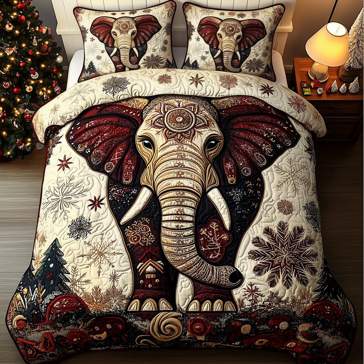 Gentle Elephant quilted 3-piece bedding set on a made bed with two matching pillow shams