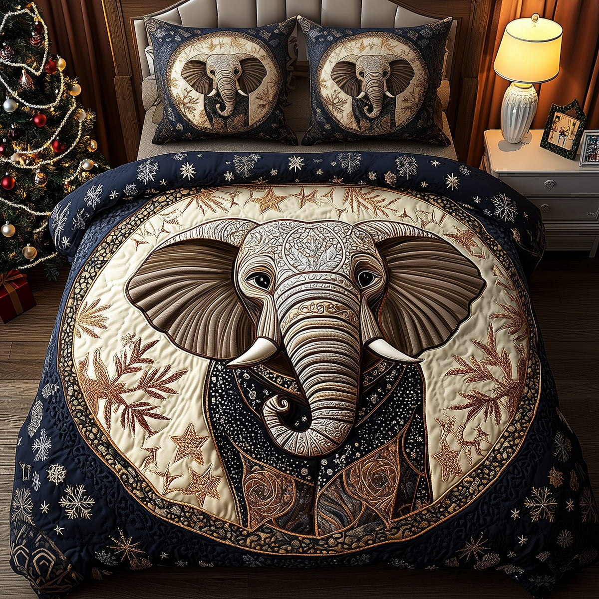 Gentle Elephant quilted 3-piece bedding set on a made bed with two matching pillow shams
