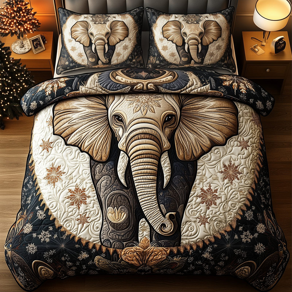 Gentle Elephant quilted 3-piece bedding set on a made bed with two matching pillow shams