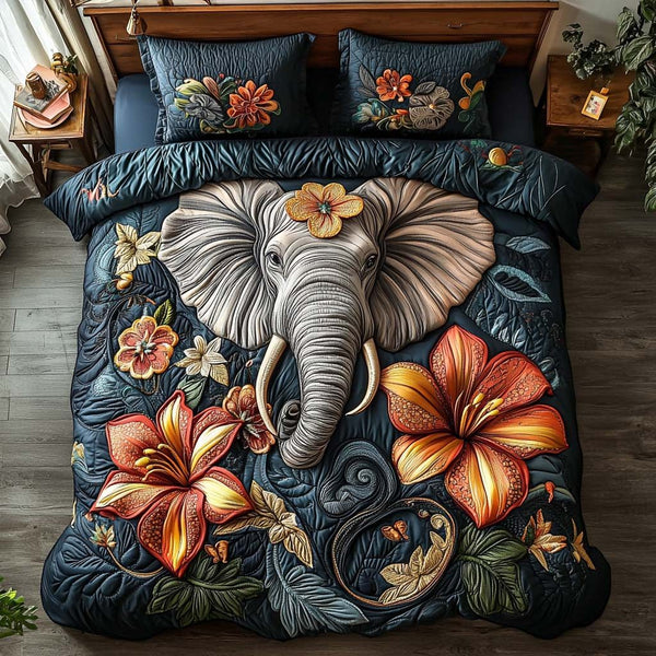 Gentle Elephant Walk quilted 3-piece bedding set on a made bed with two matching pillow shams