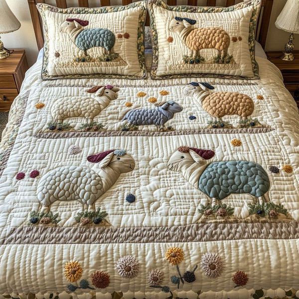 Gentle Fleece quilted 3-piece bedding set on a made bed with two matching pillow shams