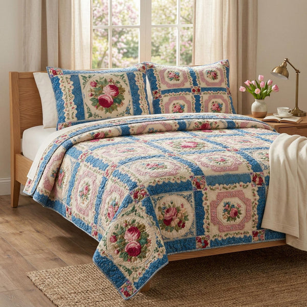 Gentle Florals quilted 3-piece bedding set on a made bed with two matching pillow shams