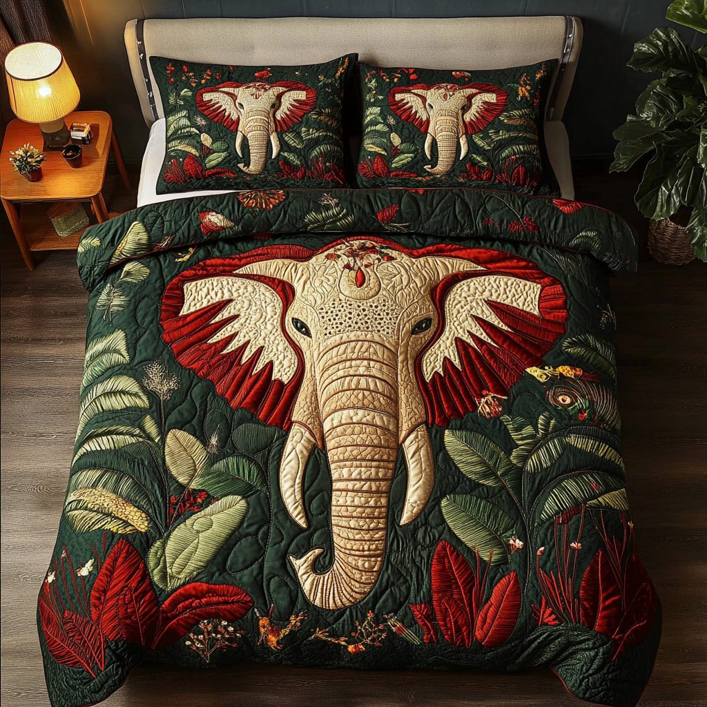 Gentle Giant quilted 3-piece bedding set on a made bed with two matching pillow shams