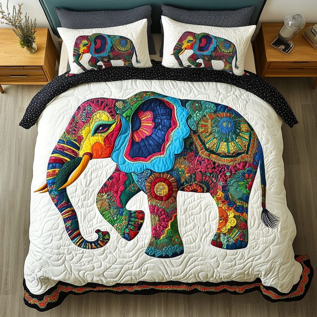 Gentle Giant quilted 3-piece bedding set on a made bed with two matching pillow shams