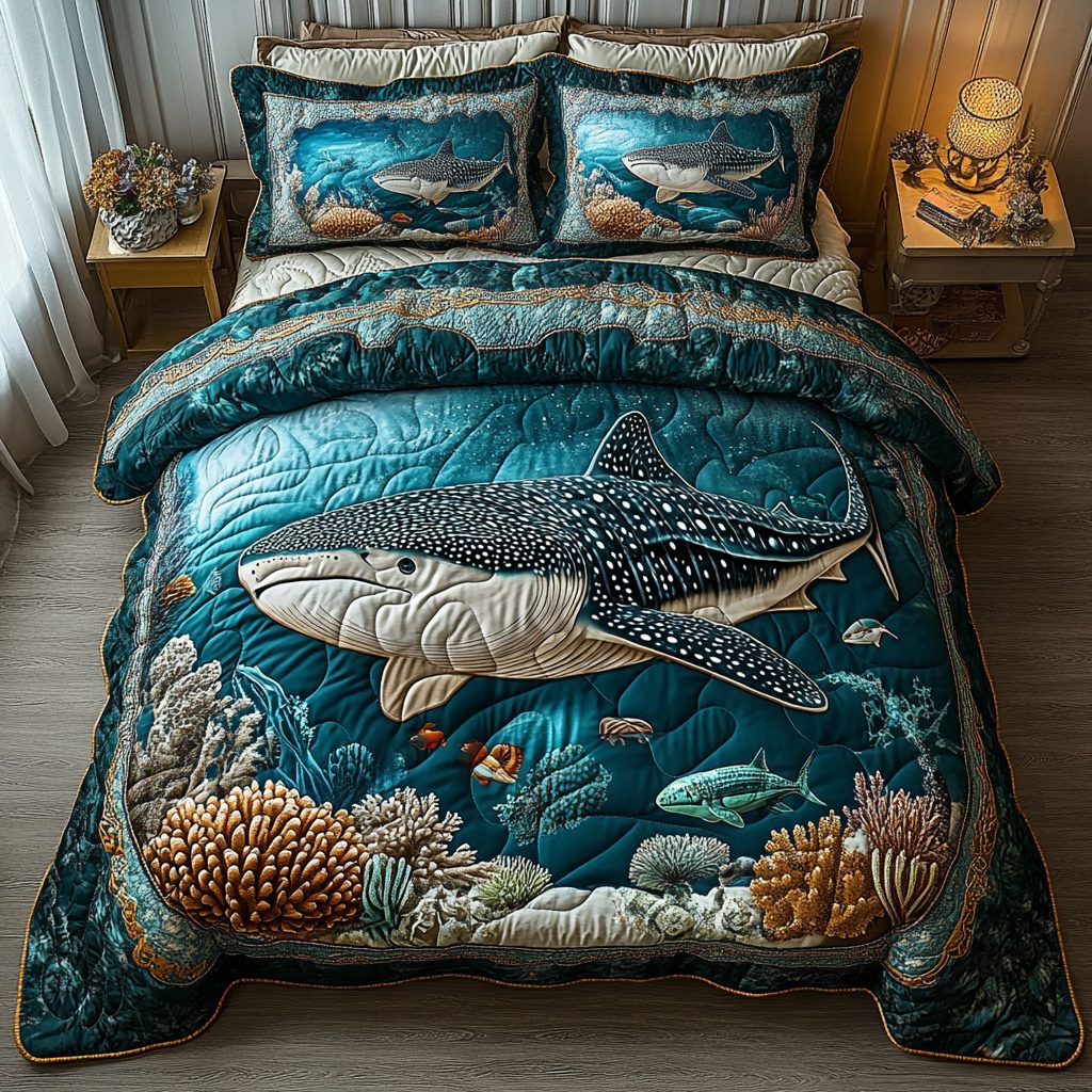 Gentle Giant quilted 3-piece bedding set on a made bed with two matching pillow shams