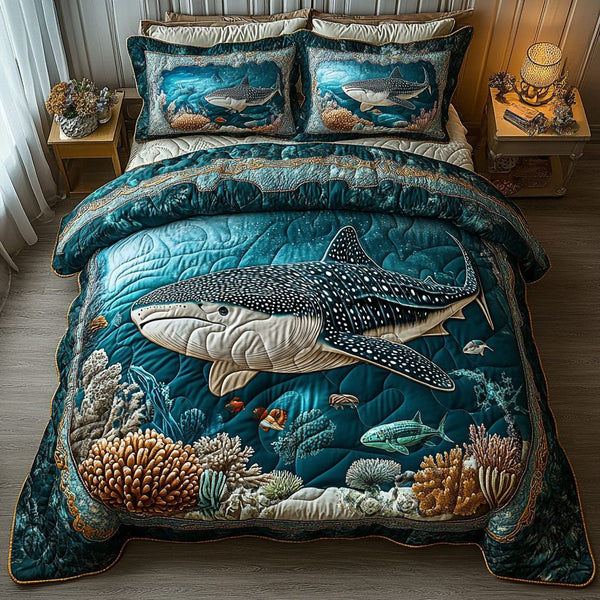 Gentle Giant quilted 3-piece bedding set on a made bed with two matching pillow shams