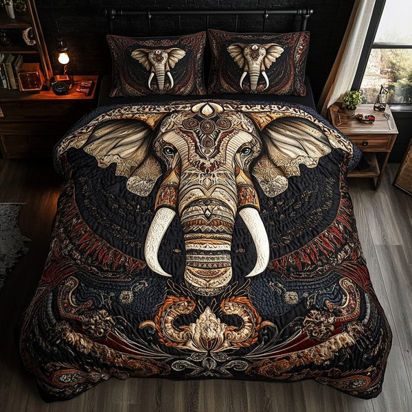 Gentle Giants quilted 3-piece bedding set on a made bed with two matching pillow shams