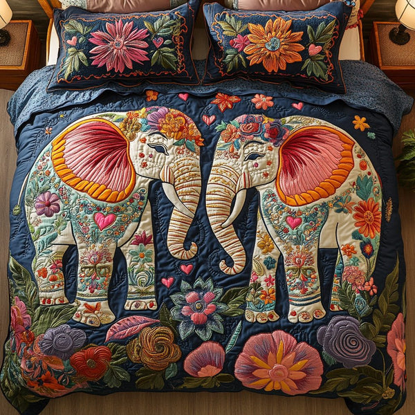 Gentle Giants Together quilted 3-piece bedding set on a made bed with two matching pillow shams
