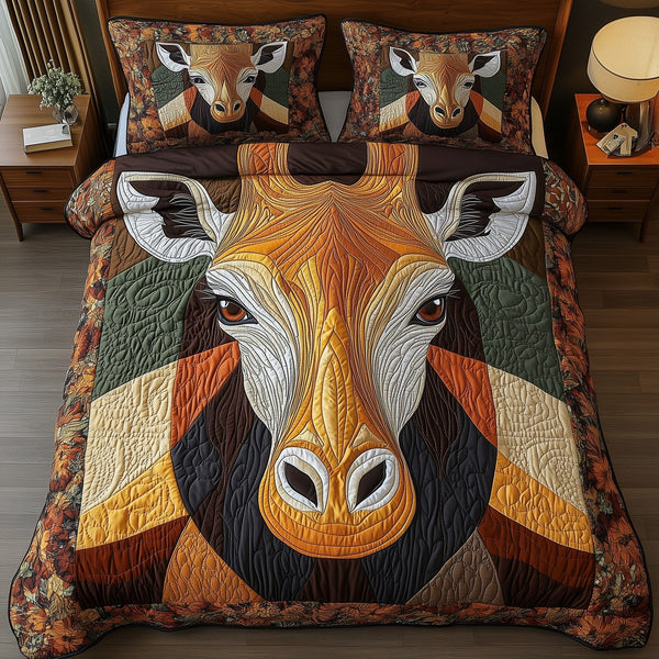 Gentle Giraffe quilted 3-piece bedding set on a made bed with two matching pillow shams