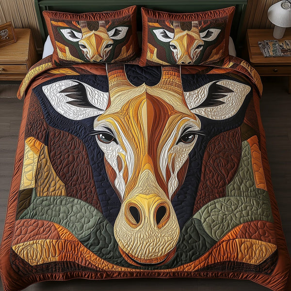 Gentle Giraffe quilted 3-piece bedding set on a made bed with two matching pillow shams