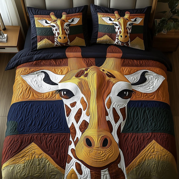 Gentle Giraffe quilted 3-piece bedding set on a made bed with two matching pillow shams