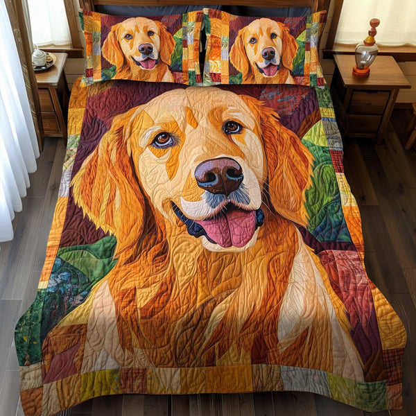 Gentle Golden quilted 3-piece bedding set on a made bed with two matching pillow shams