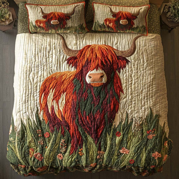 Gentle Highland Spirit quilted 3-piece bedding set on a made bed with two matching pillow shams