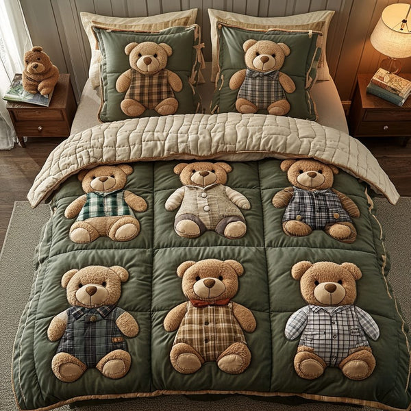 Gentle Hug quilted 3-piece bedding set on a made bed with two matching pillow shams