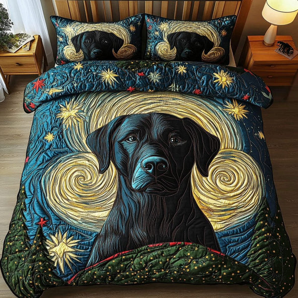 Gentle Labrador quilted 3-piece bedding set on a made bed with two matching pillow shams