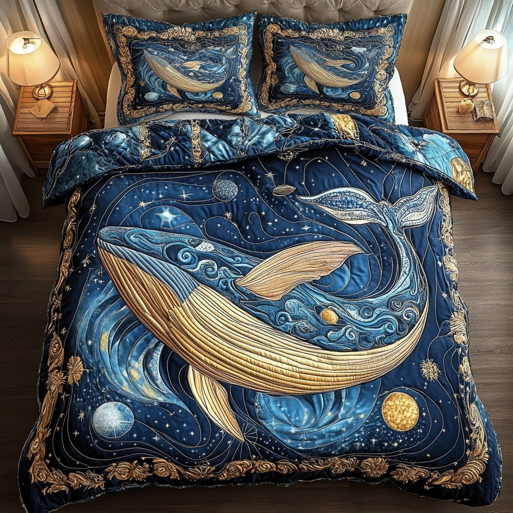 Gentle Leviathan quilted 3-piece bedding set on a made bed with two matching pillow shams
