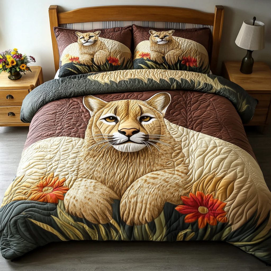 Gentle Lioness Rest quilted 3-piece bedding set on a made bed with two matching pillow shams