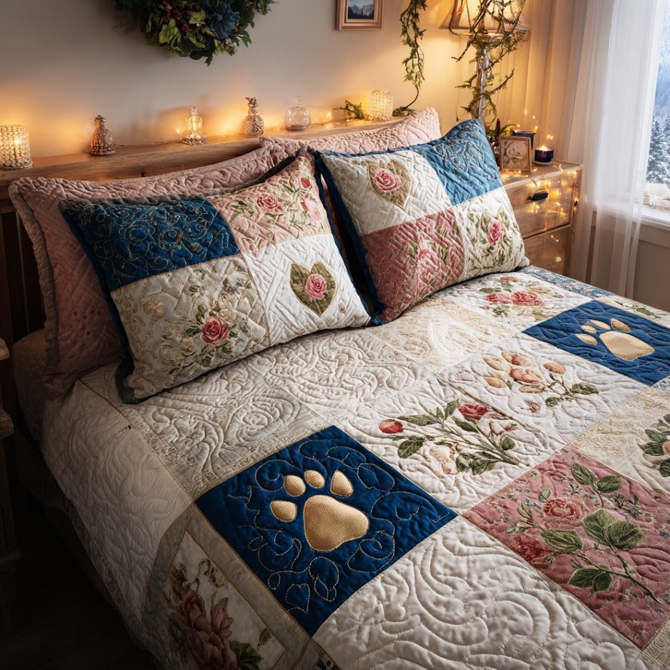Gentle Paws quilted 3-piece bedding set on a made bed with two matching pillow shams