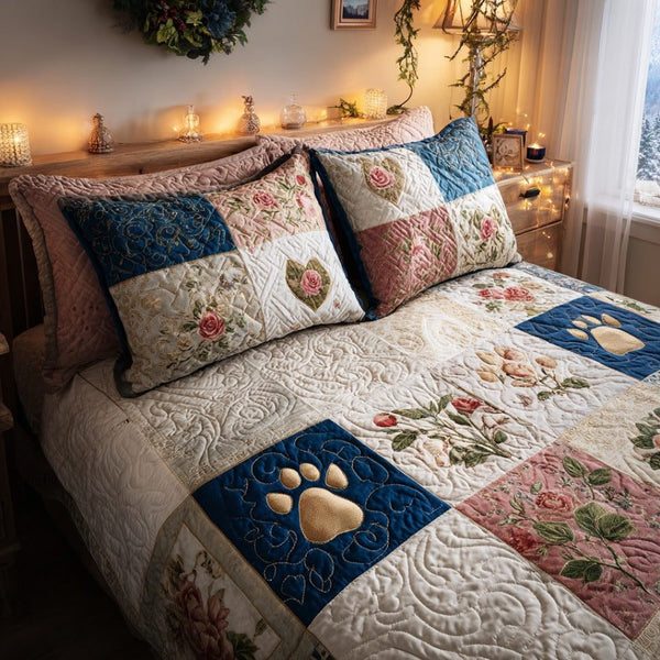 Gentle Paws quilted 3-piece bedding set on a made bed with two matching pillow shams