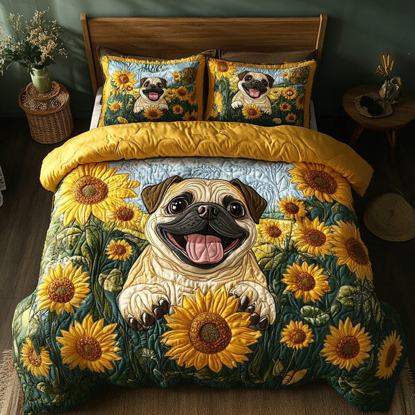 Gentle Pug quilted 3-piece bedding set on a made bed with two matching pillow shams