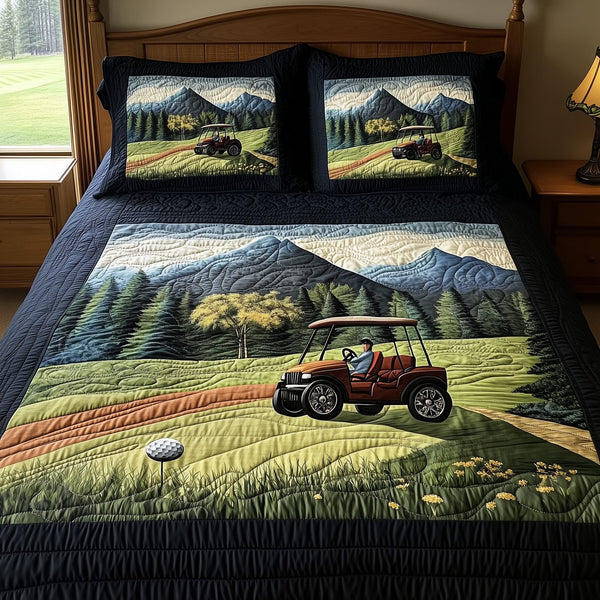 Gentle Rounds quilted 3-piece bedding set on a made bed with two matching pillow shams