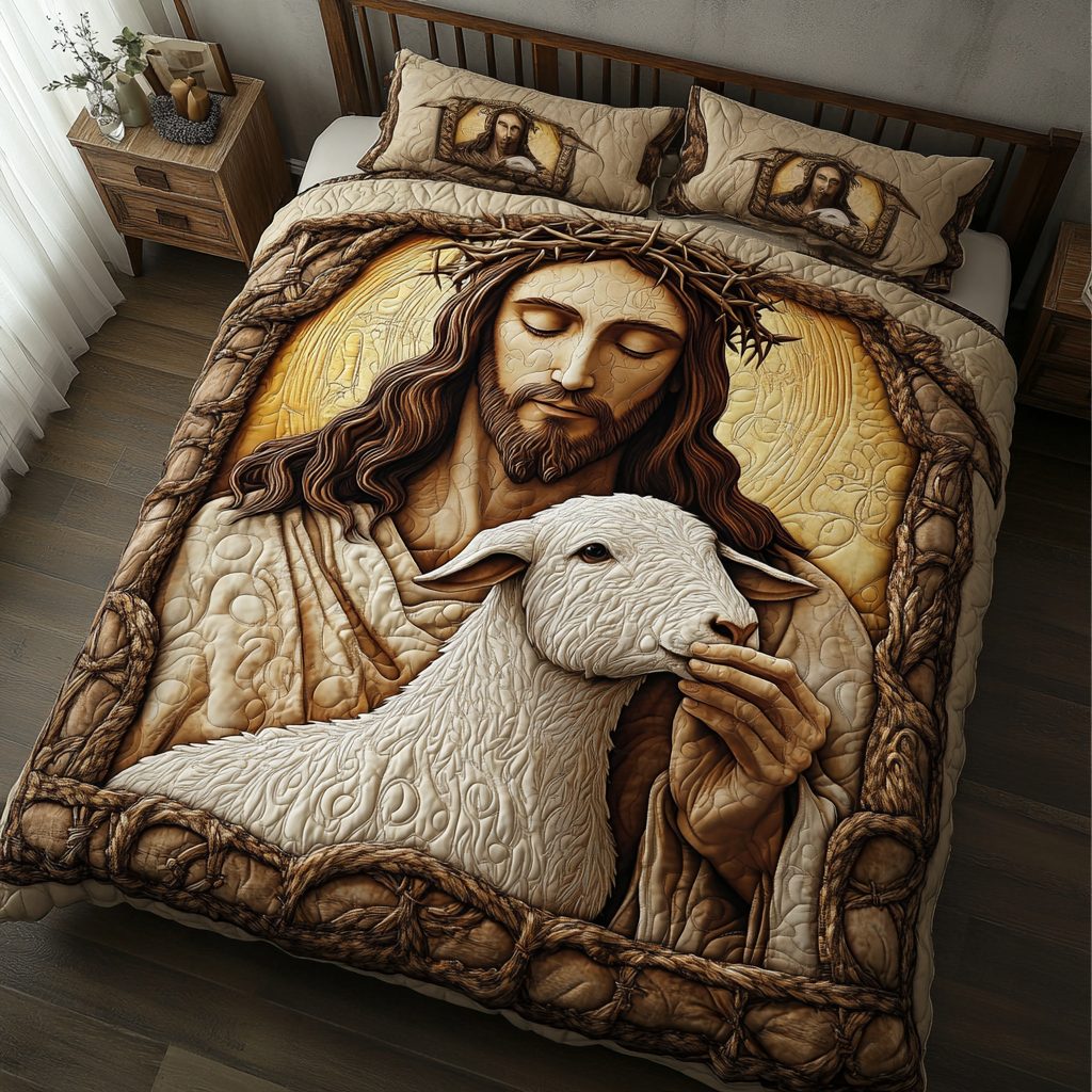 Gentle Savior quilted 3-piece bedding set on a made bed with two matching pillow shams