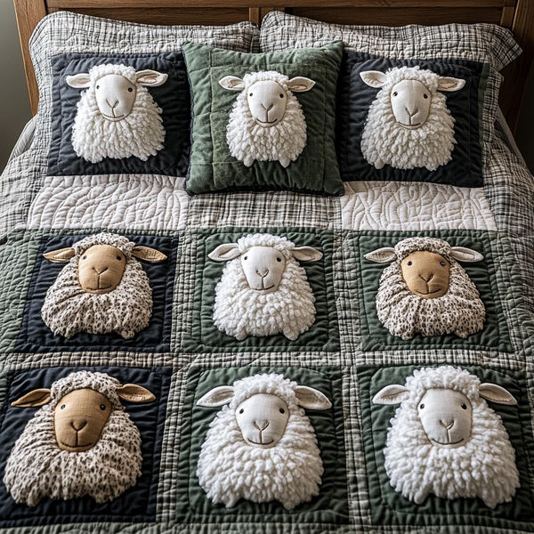 Gentle Sheep quilted 3-piece bedding set on a made bed with two matching pillow shams