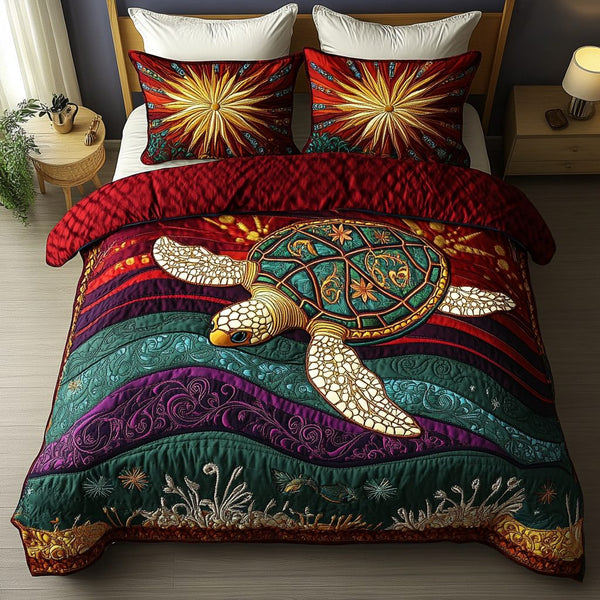 Gentle Shell quilted 3-piece bedding set on a made bed in a light coastal bedroom