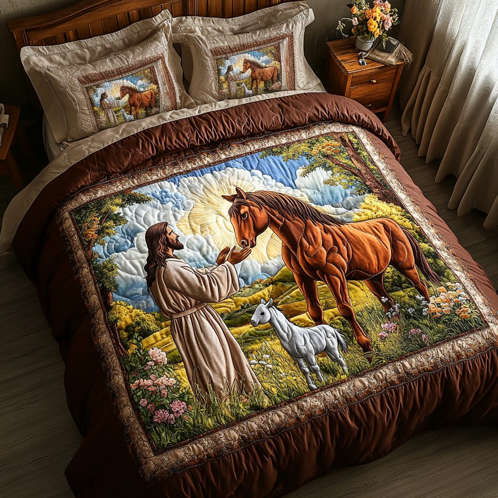 Gentle Spirit quilted 3-piece bedding set on a made bed with two matching pillow shams
